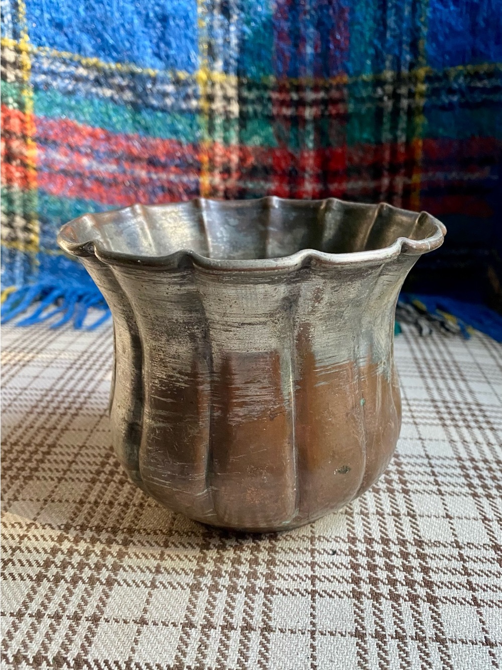 Vintage Fluted Metal Planter - Silver-Brown Decorative Vase